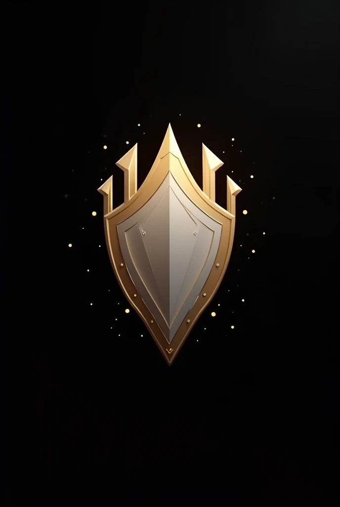 An empty modern shield banner in gold and white with geometrical shapes around the ages in a black background 