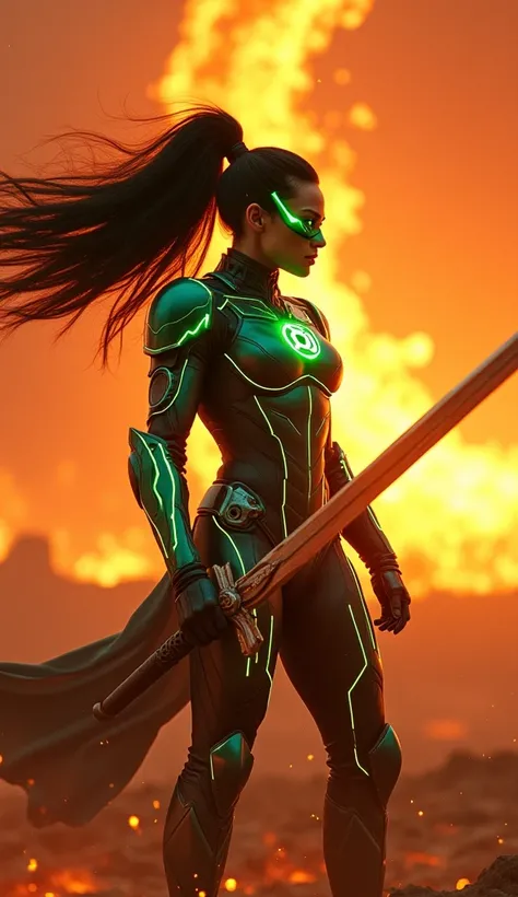 In a cinematic Cowboy Shot framing, a majestic Green Lantern , with mask, DC, A muscular warrior,  wears a flamboyant Green and Gray core-style armored ninja robot , strong player,  her shiny black hair flowing like flames in a long ponytail on her back . ...