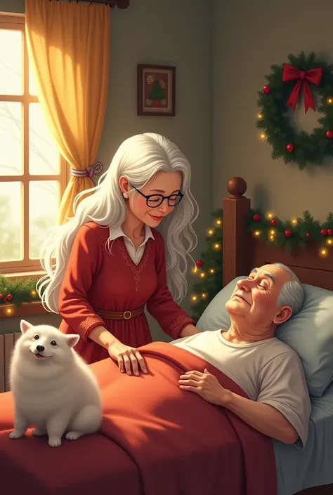 Grandma with white-blond mily-long hair cleans up the house, Grandpa in nursing bed is partying  , White Pomerania is cleaning itself  ,  good morning soon it is Christmas 