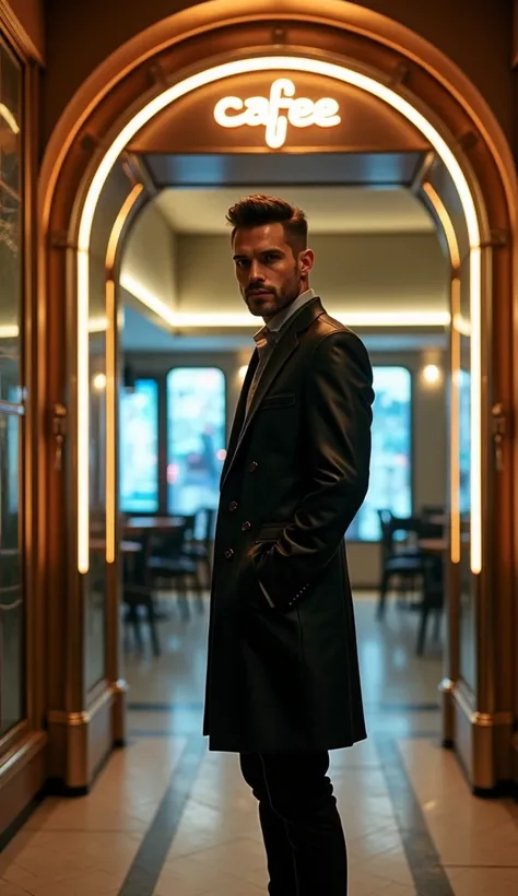 A dashing male model stands poised in a minimalist café entrance, surrounded by neon lights and sleek, high-tech accents, his piercing gaze locked onto the viewer as he wears a tailored black leather jacket and a hint of a smile, the air thick with the pro...