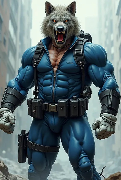 (A rugged beefy very muscular bulky old man), (wearing blue zipper wetsuit), (wearing realistic roaring wolf mask), thumbs up pose,  wearing bulky scuba gear, muscular physique, toned muscles, fierce, heroic, action, comic artstyle, bulky best quality, wea...