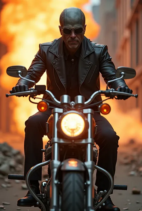 A hyper realism BATEMAN very sharp focus accurate face riding on a Harley Davidson motorbike in a ruin city fire and explosion in the Background, shuttering stones, sci-fi elements , cinematic , Whimsical, exceptional detail UHD intense color shot with Fuj...