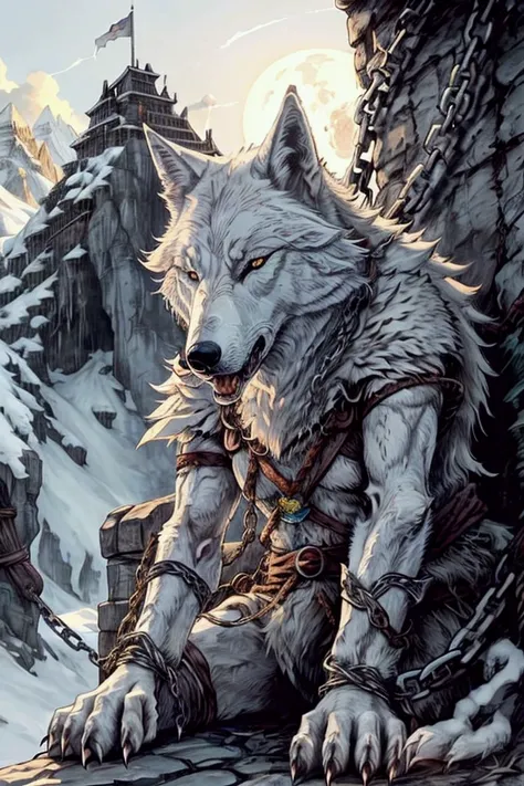 A giant white wolf was tied up in chains on a mountain.