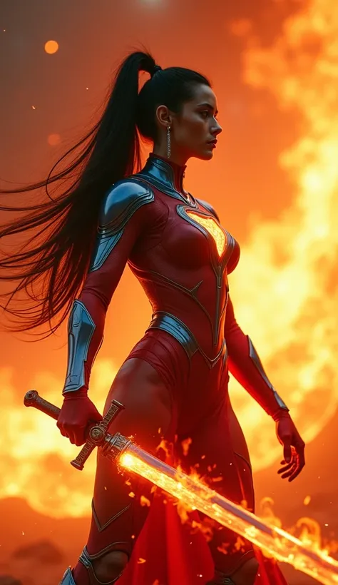 In a cinematic Cowboy Shot framing, uma supergirl, DC,  a majestic muscular warrior , Majestosa wears a blue core-style armored ninja robot and flaming red , strong player,  her shiny black hair flowing like flames in a long ponytail on her back. Against t...