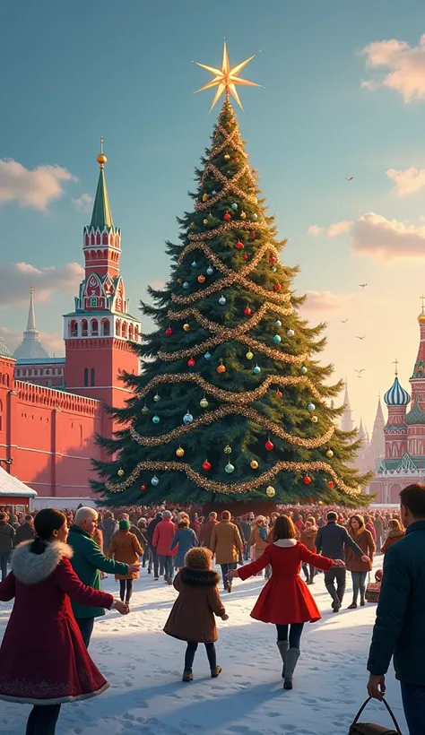  Russian in Moscow on Red Square  , you can see watches people adults and ren , are having fun dancing around the Christmas tree,Christmas tree decorated tinsel ,garland,Balls,Flappers,on the square