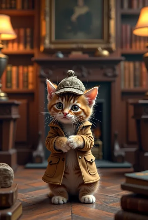 The cutest brown tiger kitten in the world dressed as Sherlock Holmes crossing his arms in front of a bookshelf in an old English library、((Realistic:1.3))