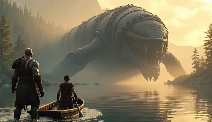 God of war Ragnarok kratos and Atreus on boat beautiful place sunshine and monster giant huge whale chained 