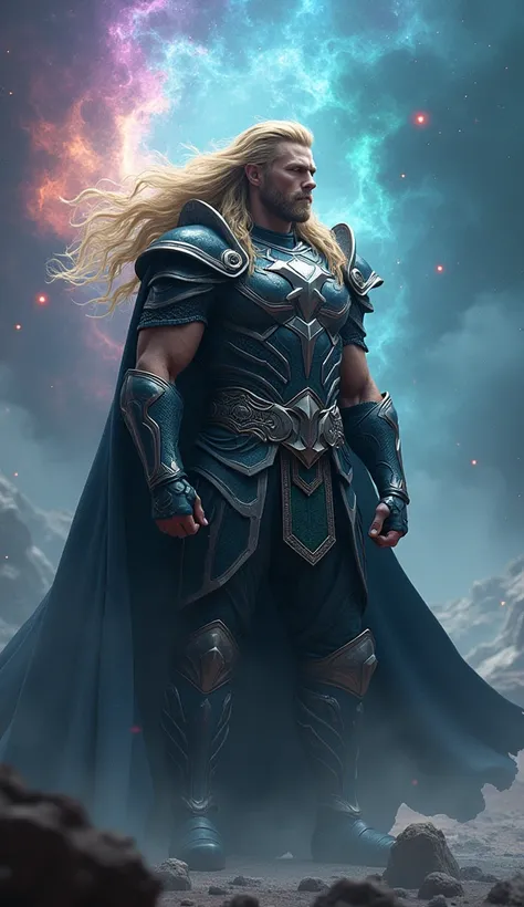 A towering Asgardian warrior with flowing blonde hair, dressed in black and silver armor, standing alone in a cosmic nebula.