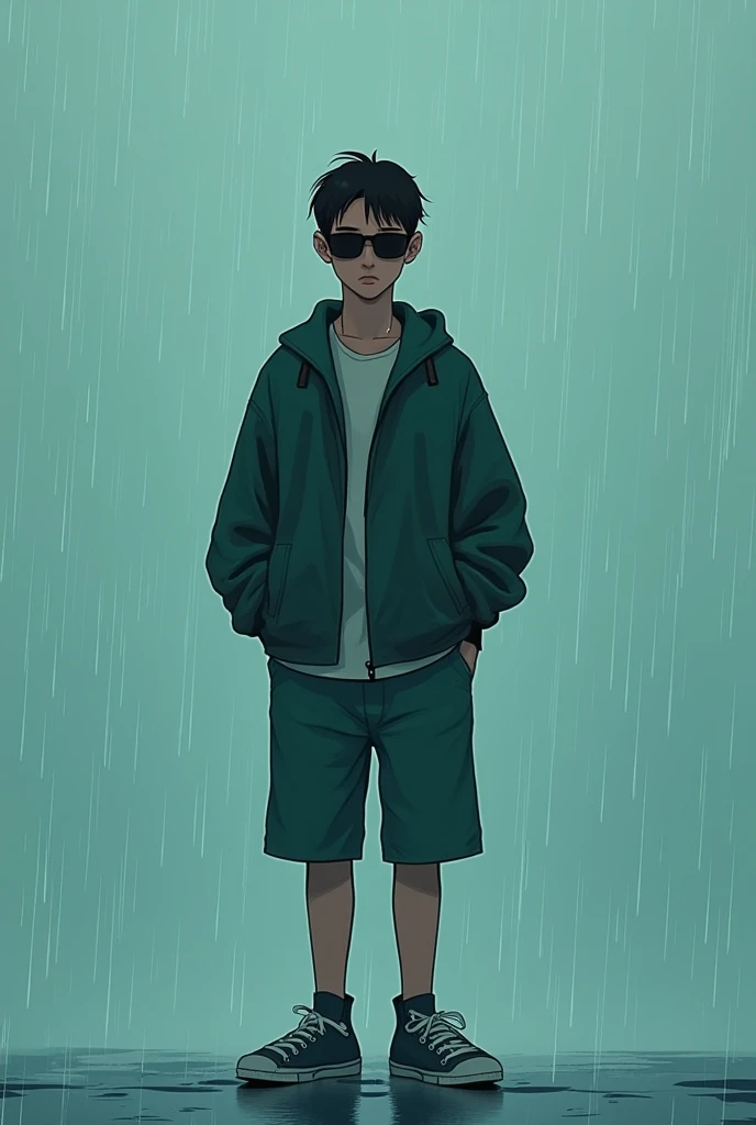 Create an artwork in the style of SeaArt featuring a person standing with a relaxed posture in raining season while rain storm pouring down on him make gum soaking wet, hands in pockets, wearing sunglasses, a big line of white tear run down on his cheek to...