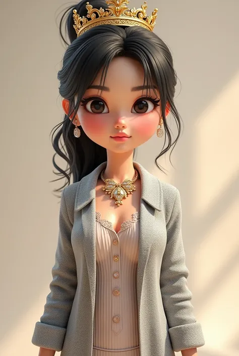 3d beautiful cartoon 18 yr old  rich Asian girl  style bling bling necklace long silver luxury sweater with golden crown full body