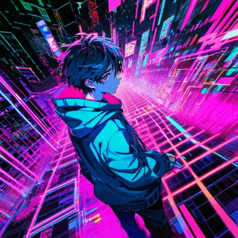 boy,neon glitch ,  HOODIE, A higher perspective