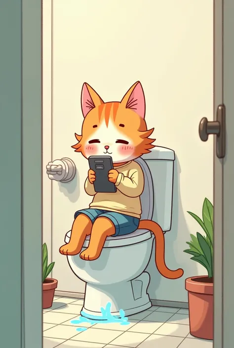 Look a cute cat girl using mobile and going to washroom, shes sit on the toilet and using mobile, when shes wanted to go back his mobile fall in to toilet 