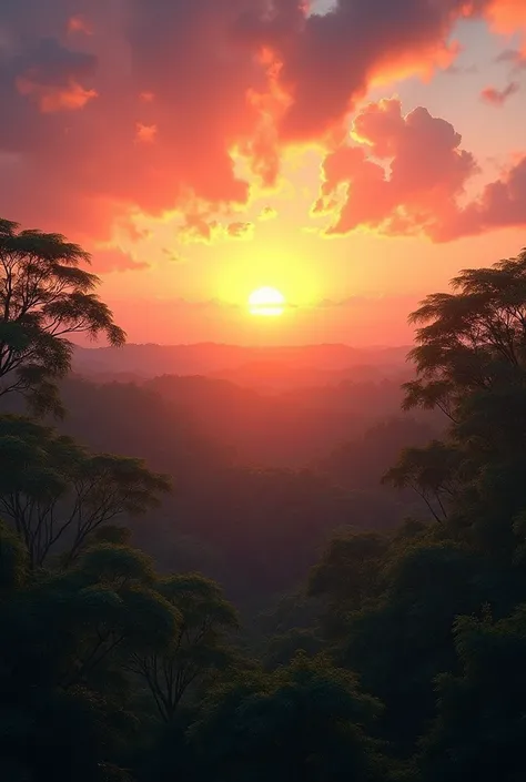 "A stunning sunset over the Amazon rainforest, with the sky painted in hues of orange, pink, and purple. The sun is setting behind the dense canopy of the forest, casting a warm, golden glow over the trees. The tranquil scene captures the beauty and sereni...