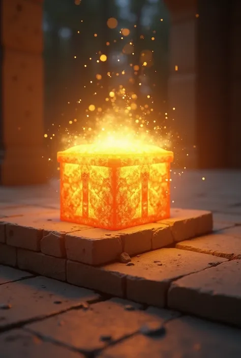 "A glowing box on a simple doorstep, radiating soft golden light and surrounded by glowing particles, hyper-realistic 3D, vibrant, mystical details, and a sense of discovery and wisdom."