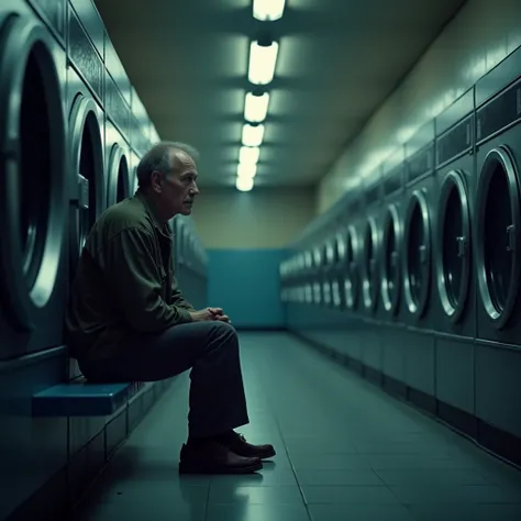 Quiet laundromat in the middle of the night 　A man waiting to finish his laundry 　 is sitting looking dissatisfied with society