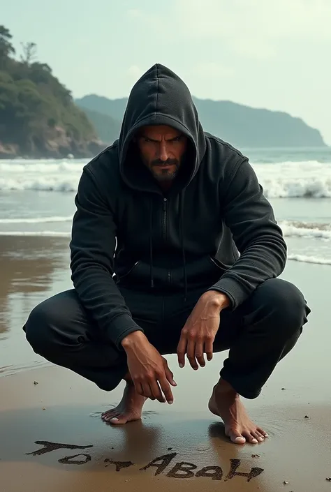 A masculine man in a black hoodie, duduk di tepi pantai tertulis nama Tok Abah di pasir. 