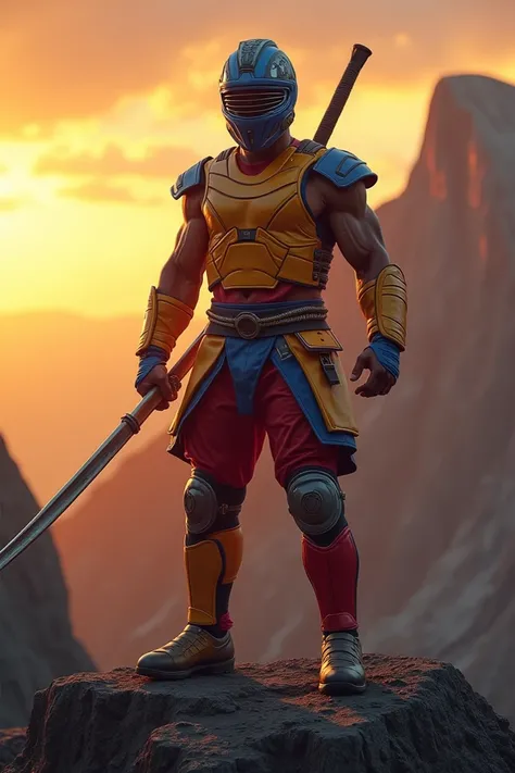 A regal mascular Arnis athlete wearing his modern grill helmet and colored blue, red and yellow padded body gear or body armour, holding an Arnis Stick with his right hand. Standing on top of a mountain, during sunset.