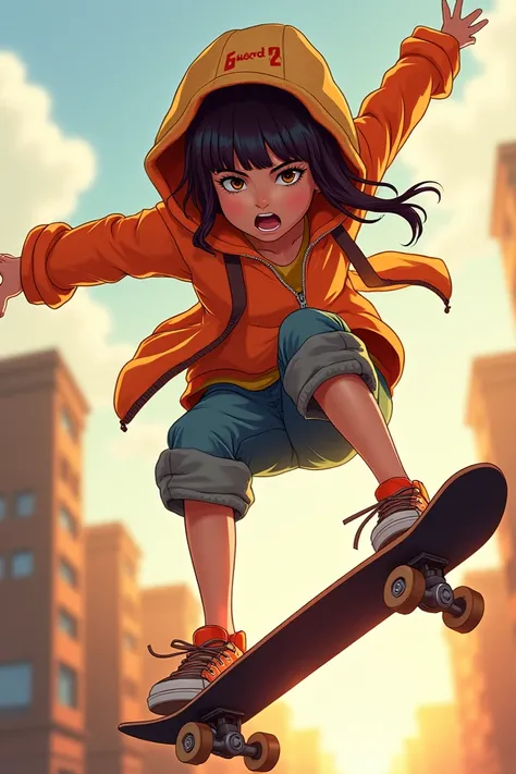 A stylized digital illustration of a young person skateboarding. The subject, a girl with vibrant, stylized features, is in mid-air performing a skateboarding trick. She is in the mid-center of the image, angled slightly to the left, facing the viewer.  Sh...