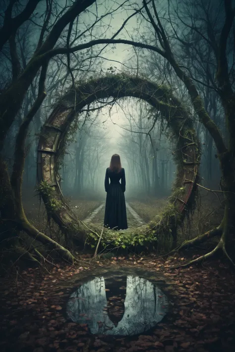 Make a dreamy mysterious horror style image, center of image symbolizing neglection, abandonation, decay, around the center symbolize love, nature and life, symbolic signs