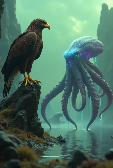 "A hyper-realistic 4K scene where a massive eagle with sharp, golden talons and a piercing gaze stands atop a jagged rock formation in an otherworldly setting. Its wings spread wide, feathers shimmering with an iridescent glow under the eerie, green-tinted...