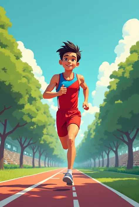 Draw a young athlete dressed in red and blue running in a rectangular park 