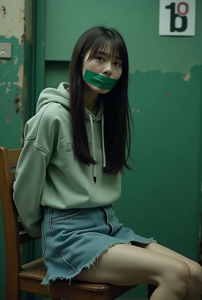 Choi Yoo-jin wears a jean skirt and a navy blue hoodie、Sitting on a chair in an old slaughterhouse 、Please hide your hands behind your back and open your mouth slightly 、 with green duct tape on her mouth 。Dark Aura。