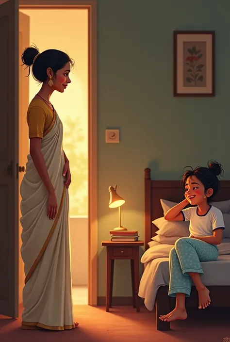 Naina (a beautiful women in her mid-40s, dressed in a cream cotton saree with a subtle gold border, wearing simple gold stud earrings and a small red bindi on her forehead, her hair tied in a neat bun)* stands at the doorway of the bedroom. Her posture is ...