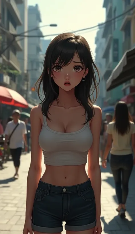 A beautiful 24 year old Vietnamese girl looks scared, petite and cute but has big breasts on the street