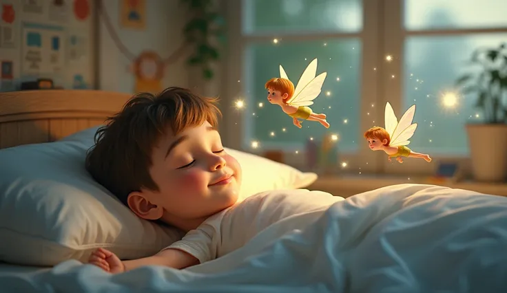 boy sleeping in his room, happy little fairies.