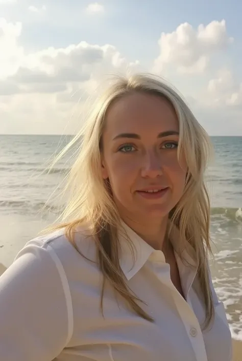  araffed woman with long hair on the beach looking at the camera,  wind blows hair , golden  hair blows in the wind ,  flowing illuminated hair , ,  blows the wind and her hair flows  ,  hair blows in the wind ,  hair blows in the wind , shiny flowing hair...