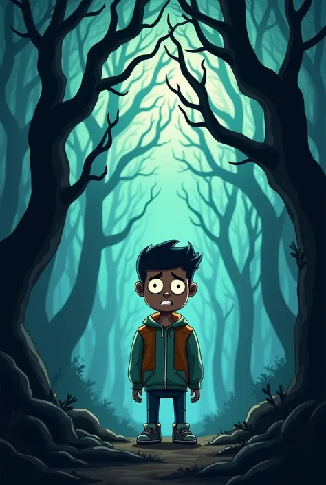 cartoon, in the scary forest, human, 