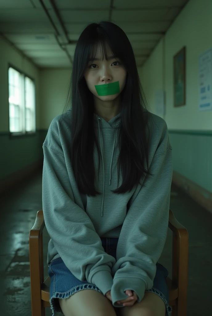 Choi Yoo-jin wears a jean skirt and a gray hoodie、Sitting on a chair in an old slaughterhouse 、Please hide your hands behind your back and open your mouth slightly 、 with green duct tape on her mouth 。Dark Aura。