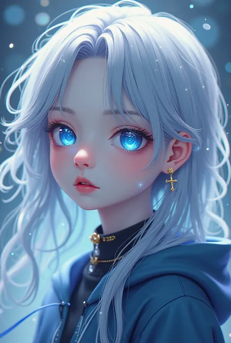 A boy with a feminine appearance with crystal blue eyes with a star-shaped pupil and long wavy silver hair that reaches up to the ankles.,  with red lips ruby little nose wears a set of sweatshirts and cross earrings on the ears ,