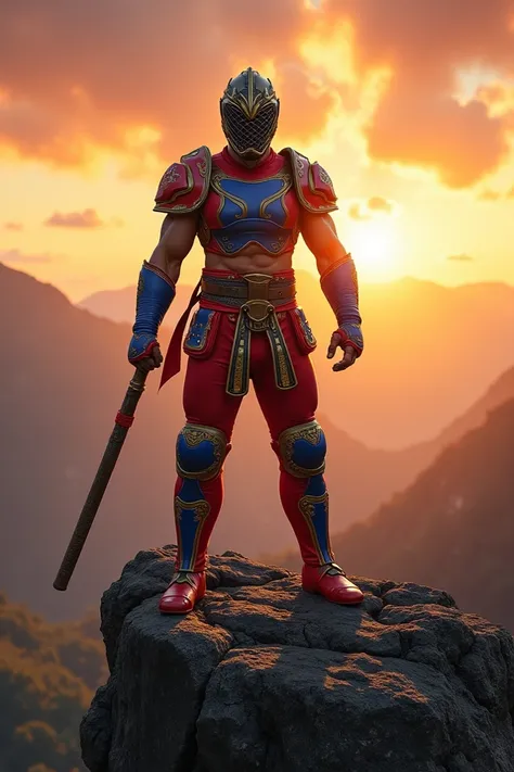 A regal mascular Arnis athlete wearing his modern Arnis grilled helmet and colored blue, red and yellow Arnis padded body gear or body armour, holding an Arnis Stick with his right hand. Standing on top of a mountain, during sunset.