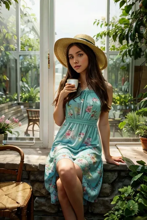 arafed womancozy, in a A flowy, floral dress complemented by a wide-brimmed hat , at a A picturesque park or botanical garden.. Capture a photo sitting by the window with a coffee in hand, showcasing a relaxed yet stylish vibe., girl with green eyes, anna ...