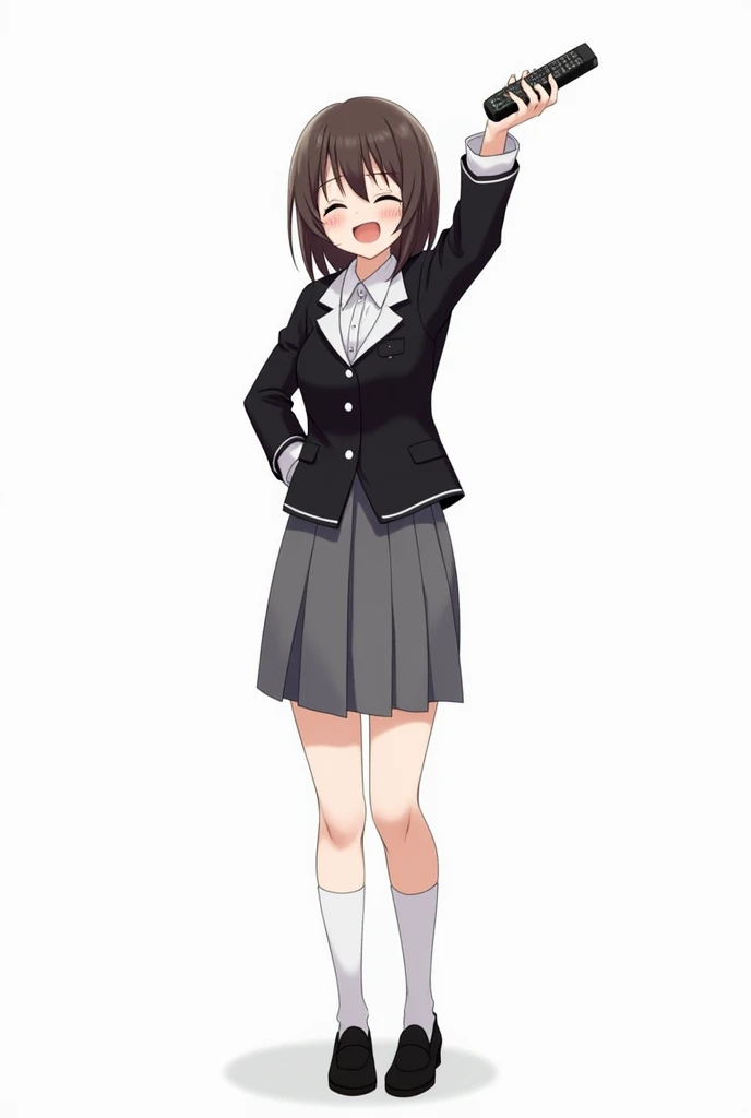 Adult woman standing in the front and her legs and wearing black shoes and uniform blazer black and white lines school and wearing gray skirt anime image with a remote control black television white background and full body with emotion of joy and embracin...