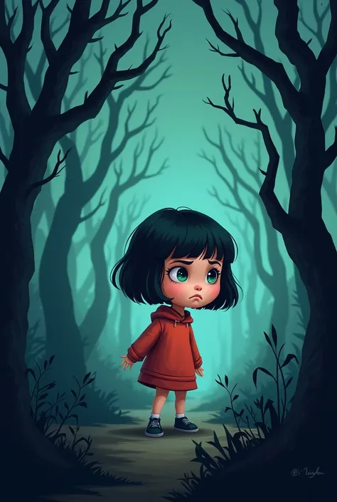 cartoon, in the scary forest, human, , girl