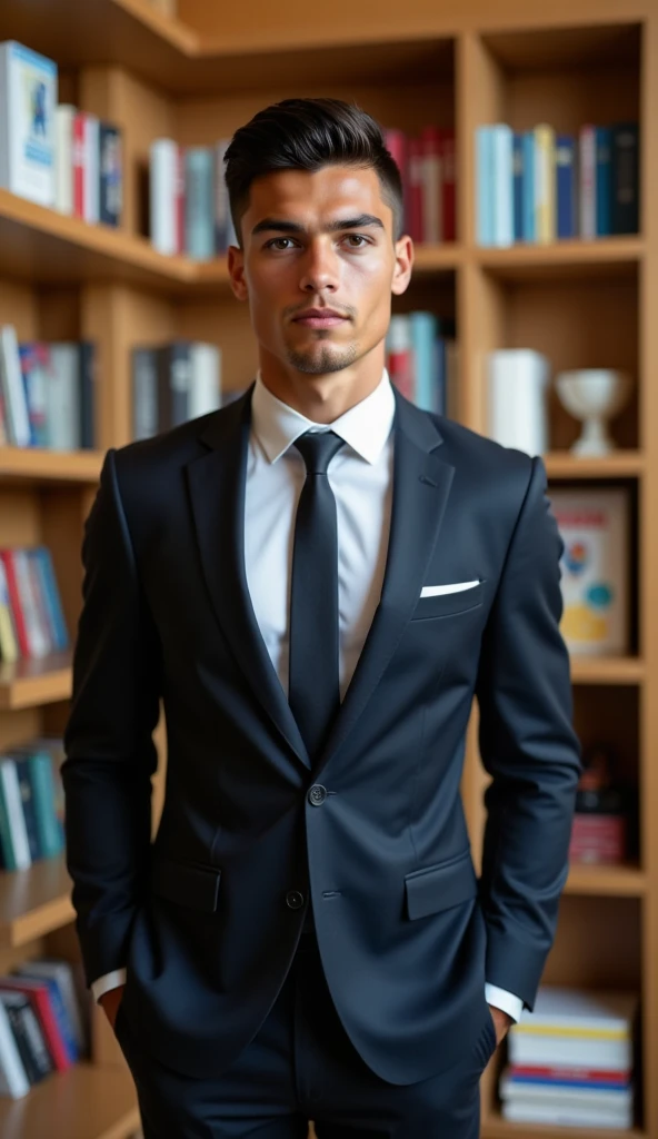 Full body portrait of Ronaldo in a suit, small head, extremely detailed skin, at the bookstore, blurred background.