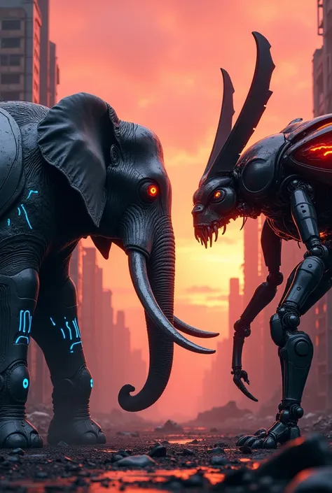 "A towering, hyper-realistic 4K scene in an apocalyptic landscape where an immense, cybernetic elephant faces off against a massive mecha beetle. The elephant is enhanced with mechanical armor plating, with glowing blue circuits running through its massive...