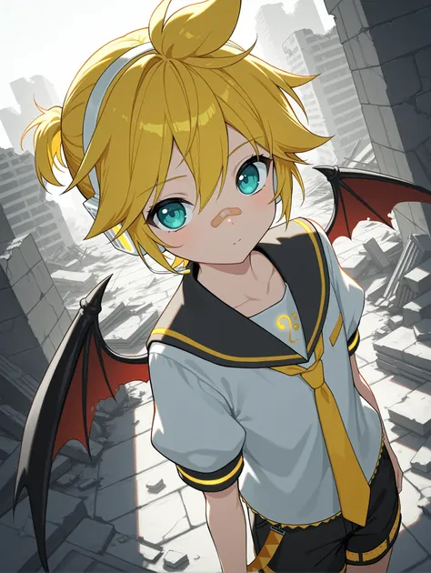 closed mouth,cute,outdoors,(solo),sorastyle,cowboy shot,Kagamine Len,looking at viewer,ruins,demon_wings,bandaid on nose,dutch angle,from_above,
 ,masterpiece,best quality,newest,