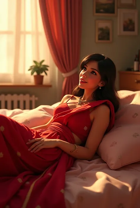 A  beautiful  30 year ild  redsaree  fully covered  woman   lounging on her bed    lazily  shirking work 
 pixar style pic 