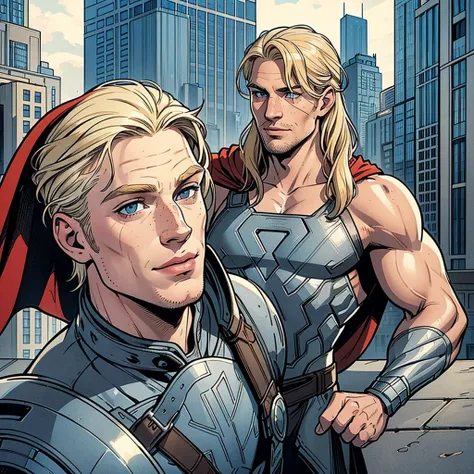 
man, American, 30 YEARS, pale skin and freckles, grey eyes, delicate nose,  full lips , far,  short blonde blonde horse ,  flirty smile ,  face marked with male facial features,  very well represented , Like Thor , muscular,   Wearing like super hero Thor...