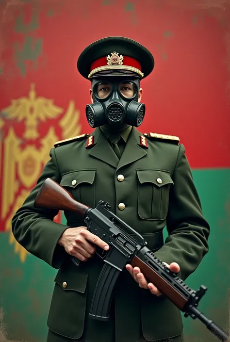 THE BELARUSIAN FLAG HANGS ( red and green ),  THERE IS A MILITARY OFFICER ON IT AND TAKE THE PHOTO WITH SULFUROUS,  LIKE THE QUALITY OF THE 90S . Give a military man a weapon and add a weed mask. like hes protecting his country 