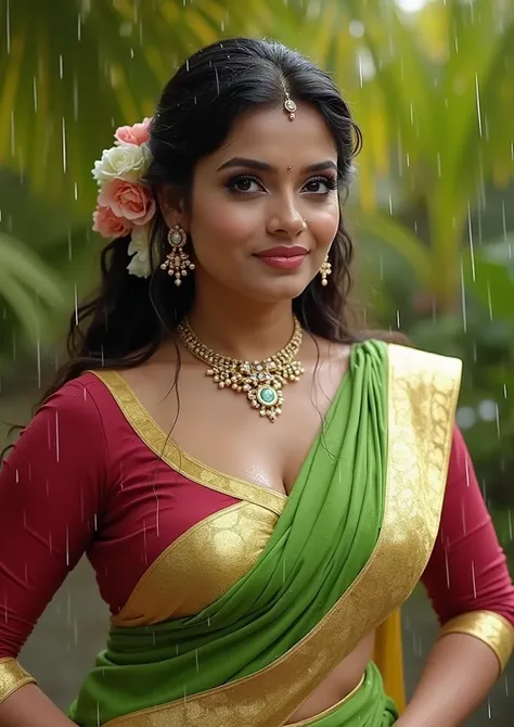 Looking at the viewer with sexy look, front view,Indian sexy bhabhi, wearing yellow glossy saree,tight yellow sleevless strapless bra, dancing outside in rain,dripped wet in rain, half drape saree,both hands on head showing dark hairy armpits,detailed wet ...