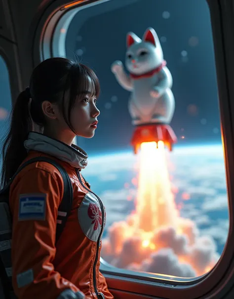 ultra-realistic, photorealistic, dramatic scene, shadow, global-illumination, solo, (teenage Japanese famous idol girl:1.5), very beautiful fragile Japanese girl, very beautiful with very cute but boyish cool face, detailed face, (modern maid but astronaut...