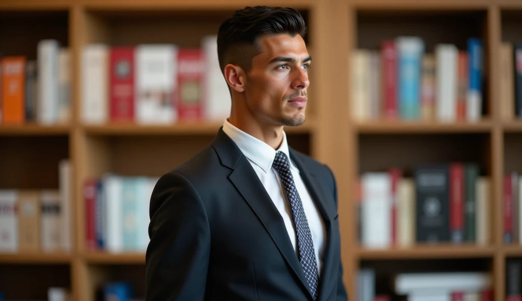 Full body portrait of Ronaldo in a suit, small head, extremely detailed skin, at the bookstore, blurred background.