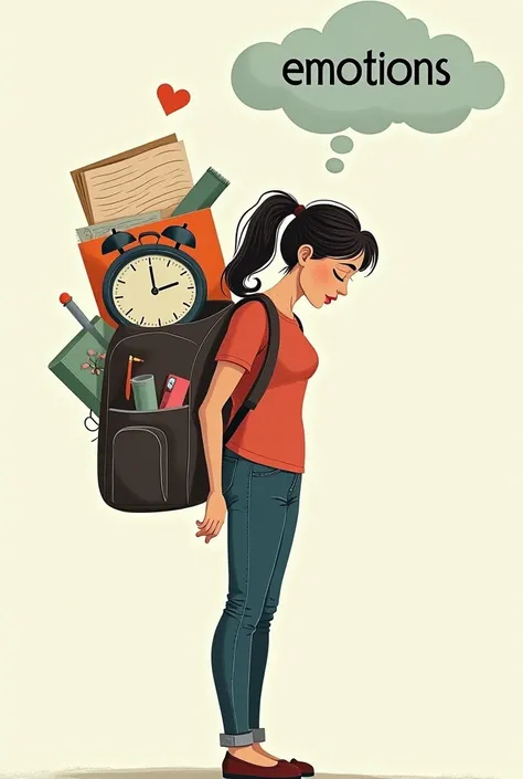 Visual: A  tired beautiful slim mother with a backpack full of symbolic items: a crying baby, a clock (representing time pressure), household chores, work files, and a cloud labeled “emotions.” The weight visibly bends her down, emphasizing the burden.
