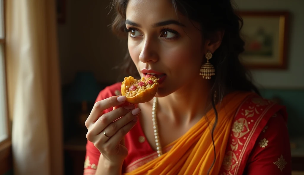 Creat a High quality, very clear, Realistic, Ultra HD, 4k quality, Cinematic Image of,
30 year young girl wearing saree, big boobs, hot, sexy, close up, She is enjoying a piece of Gajak. 