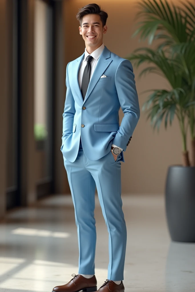 Create a pic 20 year old boy in suit light blue