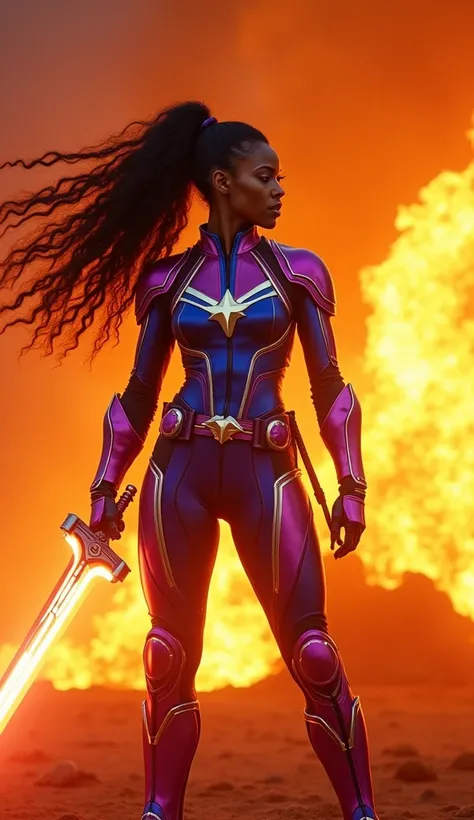 In a cinematic Cowboy Shot framing, a Black Captain Marvel , Marvel,  a majestic muscular warrior , Majestosa wears a blue core-style armored ninja robot and flaming red , strong player,  her shiny curly black hair flowing like flames in a long ponytail on...